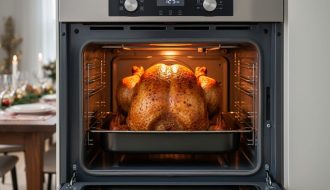 “Golden-brown whole turkey roasting inside a stainless-steel oven with warm oven light highlighting crisp skin.”