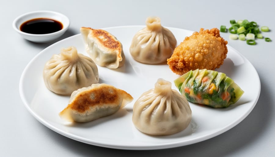 Plate of six assorted dumplings including steamed, pan-fried, shrimp, vegetable, and soup dumplings