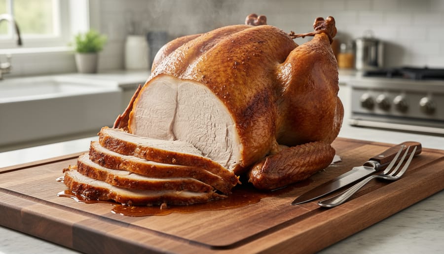 Sliced roasted turkey on a cutting board with steam rising, photographed in warm oven light.