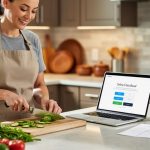 Person preparing cooking ingredients at a kitchen counter with a laptop open, representing signing up for online cooking classes.