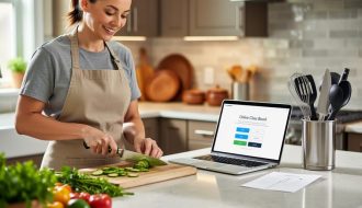 Person preparing cooking ingredients at a kitchen counter with a laptop open, representing signing up for online cooking classes.