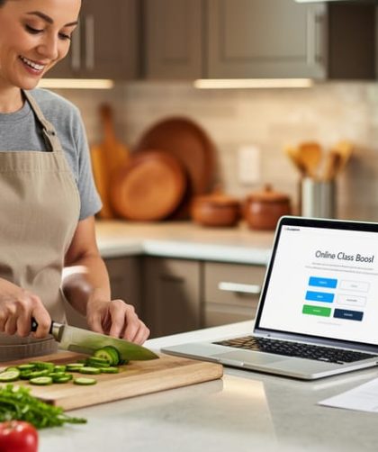 Person preparing cooking ingredients at a kitchen counter with a laptop open, representing signing up for online cooking classes.