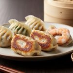 Plate of six dumplings showing a mix of steamed vegetable, pan-fried pork, and shrimp dumplings with dipping sauce on a dark wooden table.