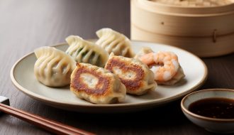 Plate of six dumplings showing a mix of steamed vegetable, pan-fried pork, and shrimp dumplings with dipping sauce on a dark wooden table.