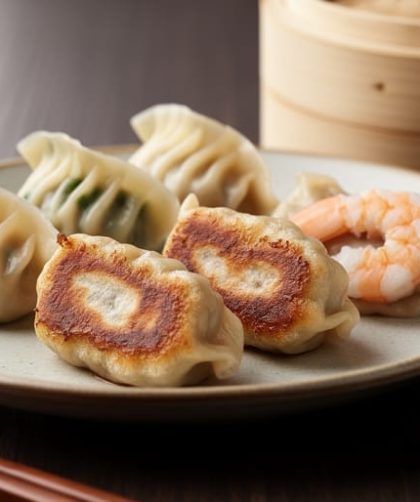 Plate of six dumplings showing a mix of steamed vegetable, pan-fried pork, and shrimp dumplings with dipping sauce on a dark wooden table.