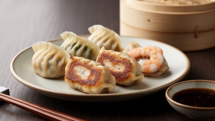 Plate of six dumplings showing a mix of steamed vegetable, pan-fried pork, and shrimp dumplings with dipping sauce on a dark wooden table.