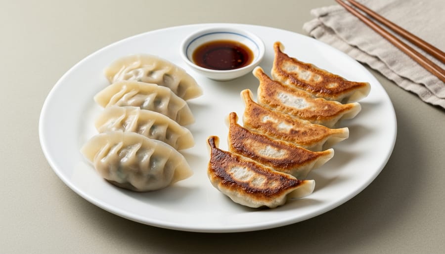 Bamboo steamer of steamed dumplings next to a skillet of pan-fried potstickers with dipping sauce
