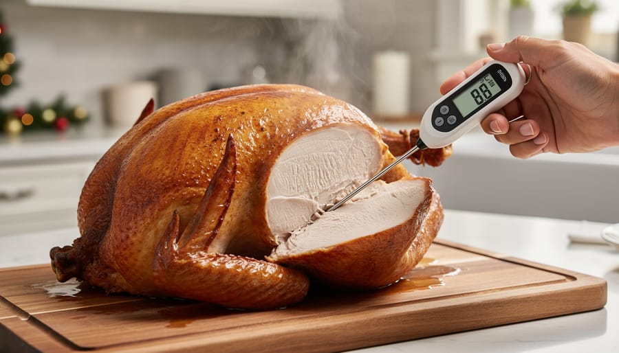 Digital instant-read thermometer inserted into the thickest part of a turkey breast during roasting.
