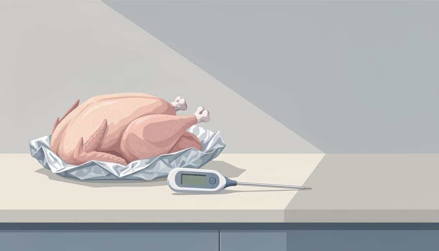 Stainless meat thermometer near foil and turkey on a kitchen counter in bright natural light.