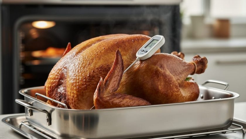 “Turkey roasting in an oven with a meat thermometer probe inserted into the thickest part of the thigh.”