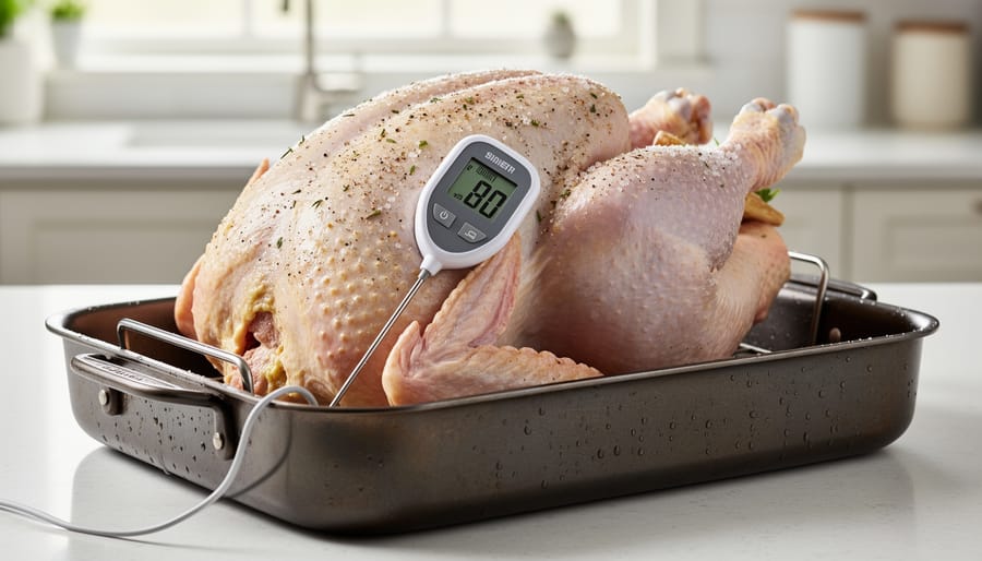Raw turkey on a roasting rack with a meat thermometer probe inserted into the inner thigh area.