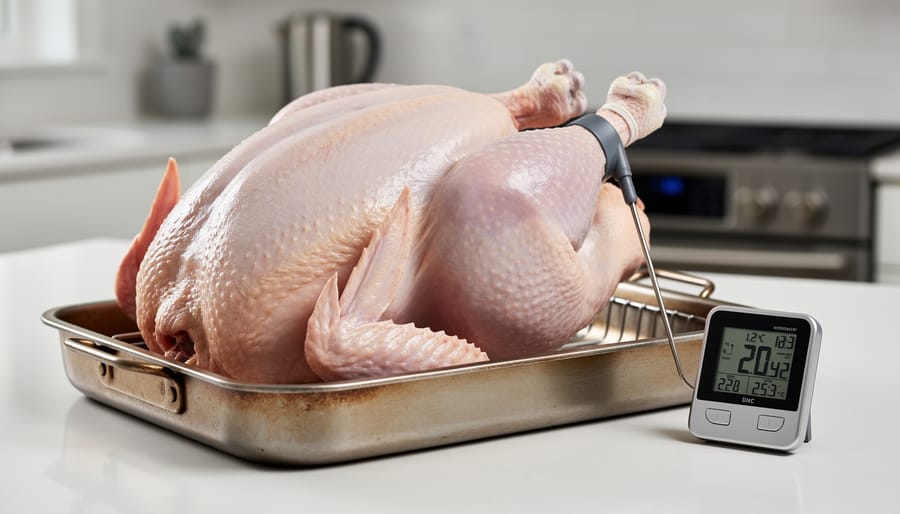 A whole raw turkey on a roasting pan rack with a meat thermometer probe inserted into the thick thigh