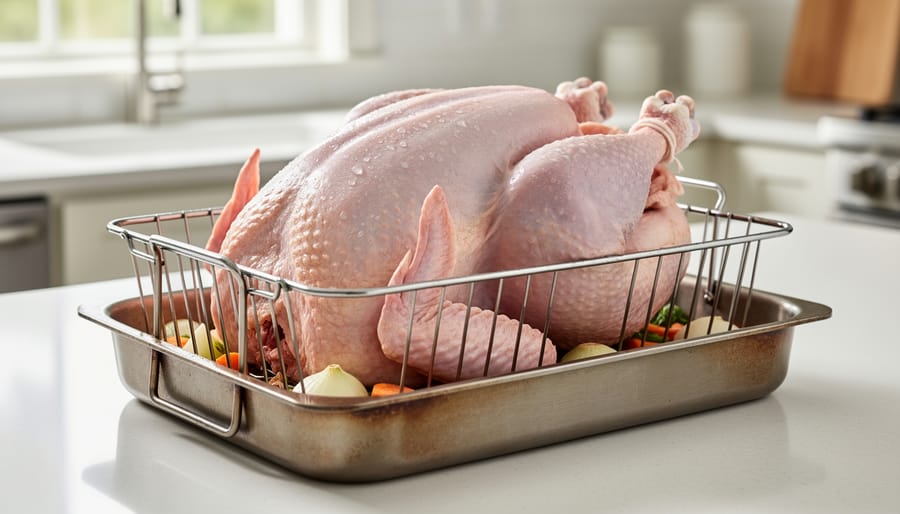 Raw turkey placed on a roasting rack inside a stainless roasting pan before roasting