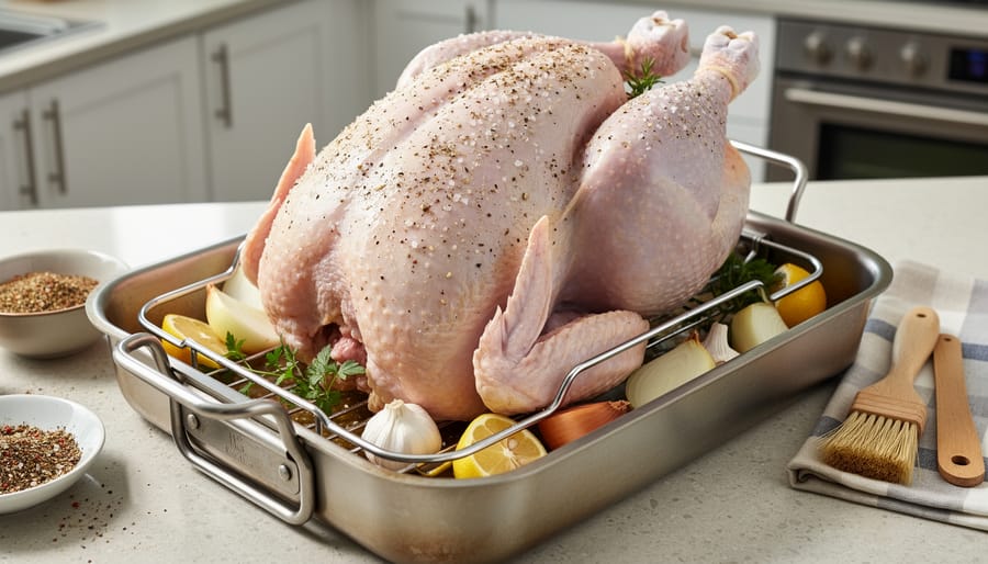 Raw turkey on a roasting rack in a stainless roasting pan with cooking tools nearby