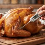 Chef checking the internal temperature of a roasted turkey with a digital meat thermometer inserted into the thigh.