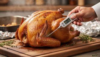 Chef checking the internal temperature of a roasted turkey with a digital meat thermometer inserted into the thigh.