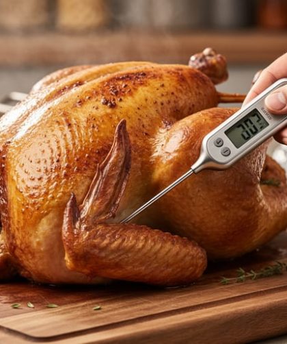 Chef checking the internal temperature of a roasted turkey with a digital meat thermometer inserted into the thigh.